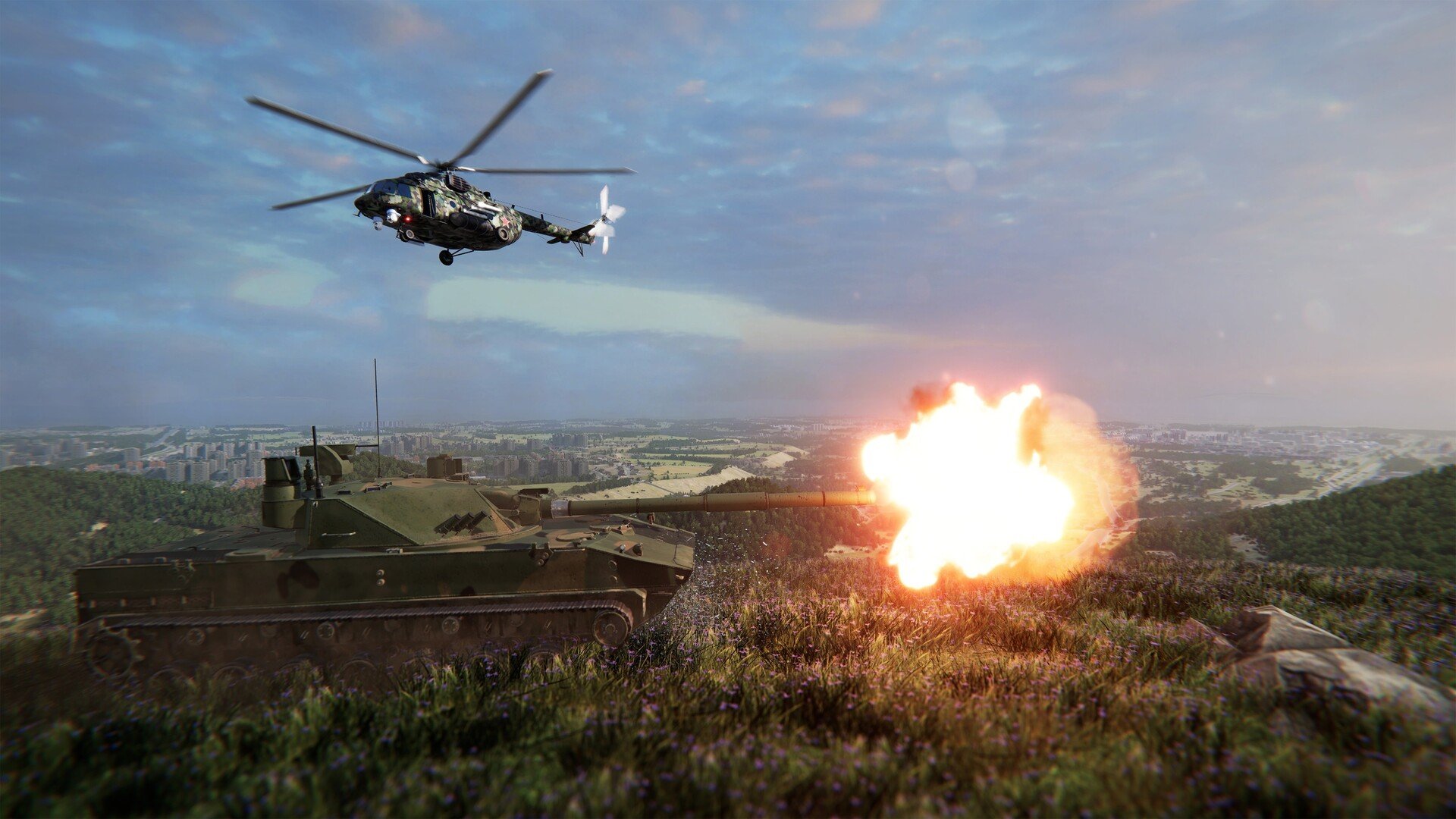 A tank atop a hill firing at unseen enemies in Broken Arrow.
