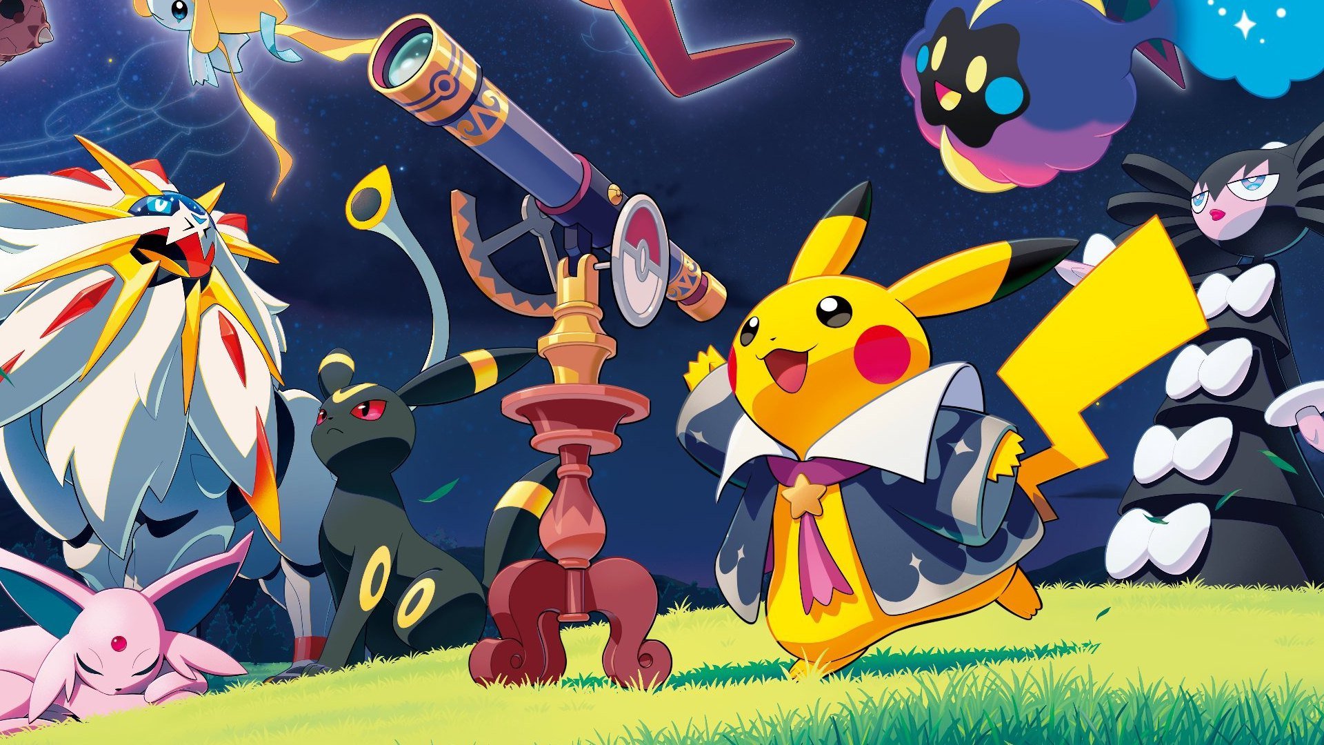 Pikachu looking through a telescope alongside other Pokemon.