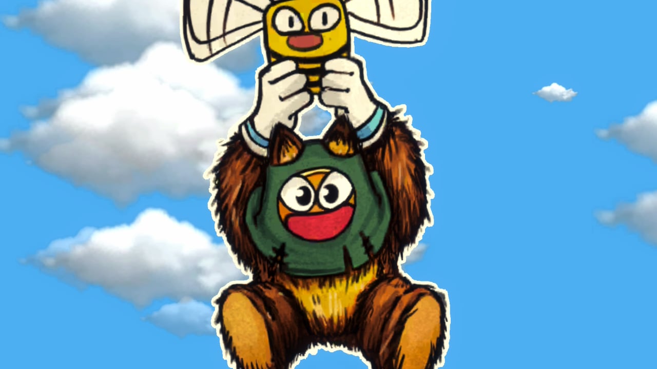 The protagonist flies through the air while holding onto a large bee.
