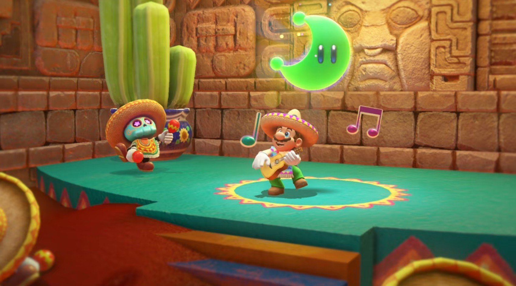 Mario plays a guitar while wearing a sombrero.