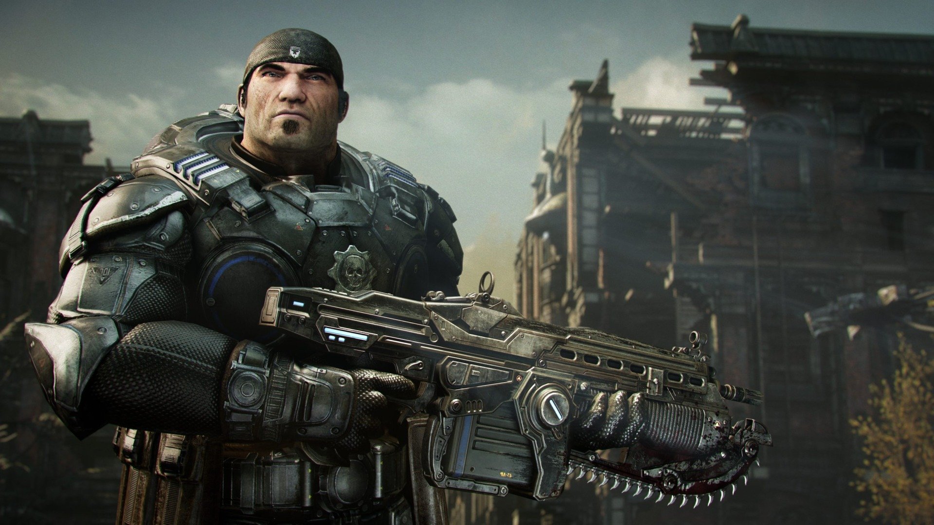 Marcus Fenix looks out past the camera while holding an assault rifle with a chainsaw attached to it.