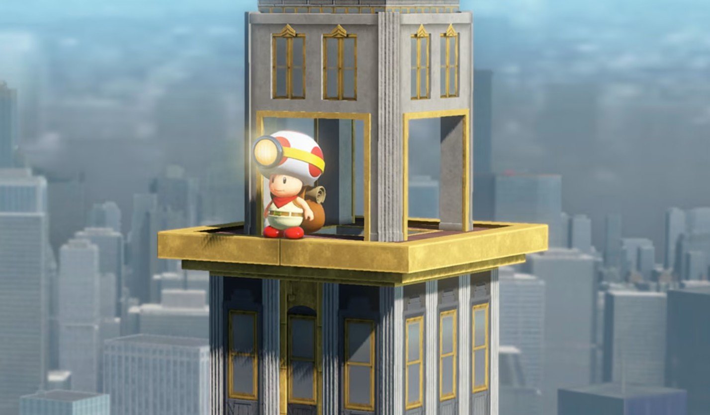 Captain Toad stands on a tall building.