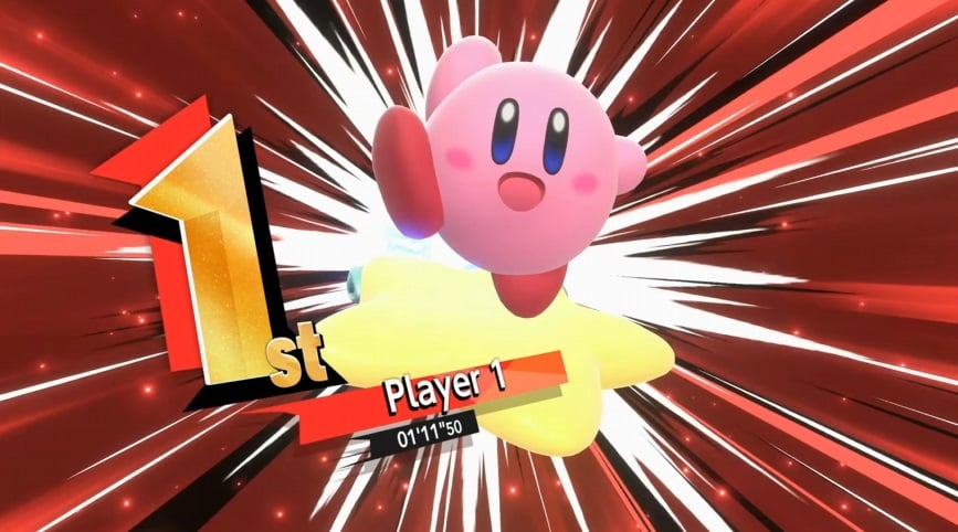 Kirby Air Riders screen shows Kirby winning.