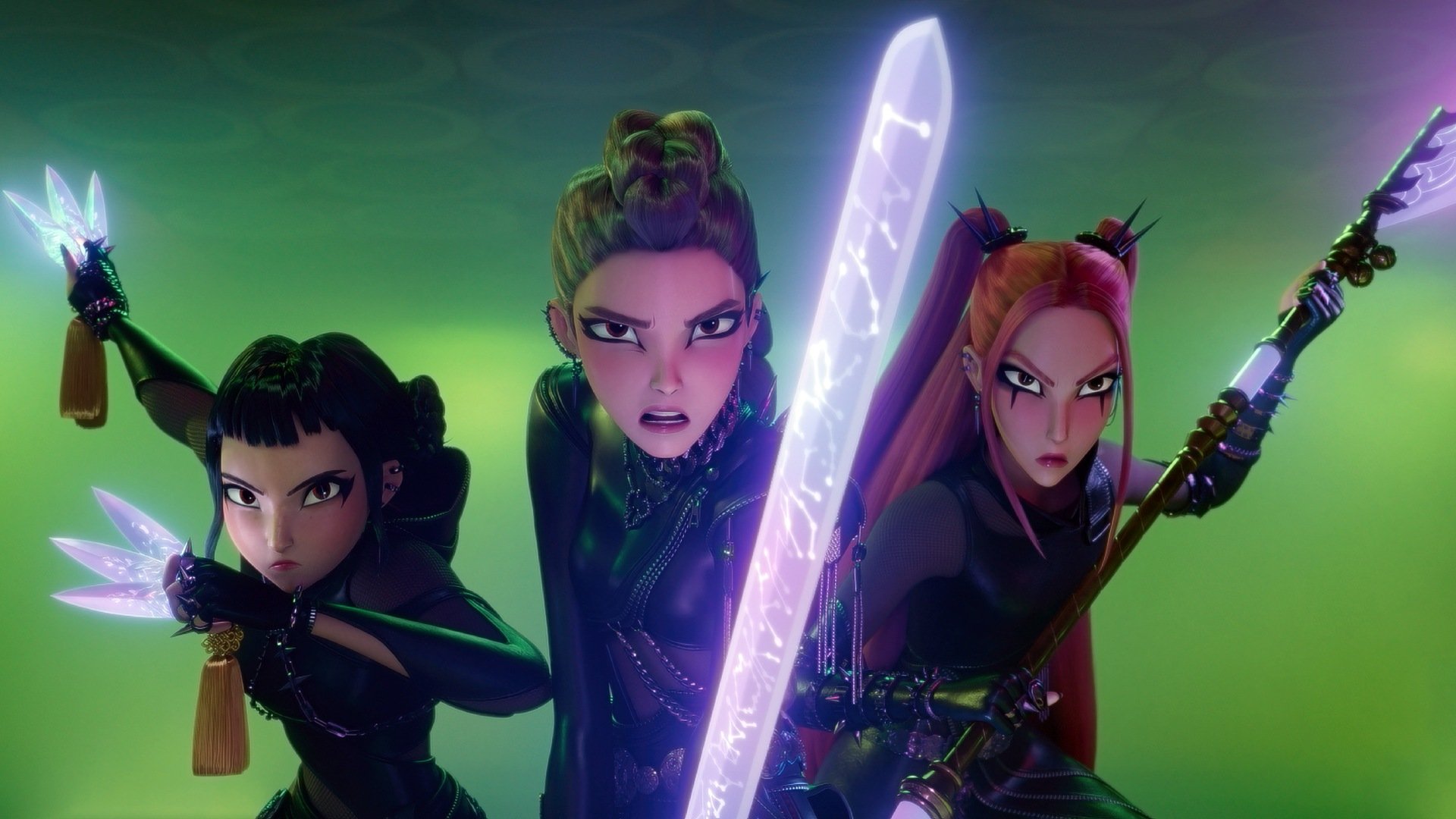 Huntr/x holds their weapons at something off-screen.