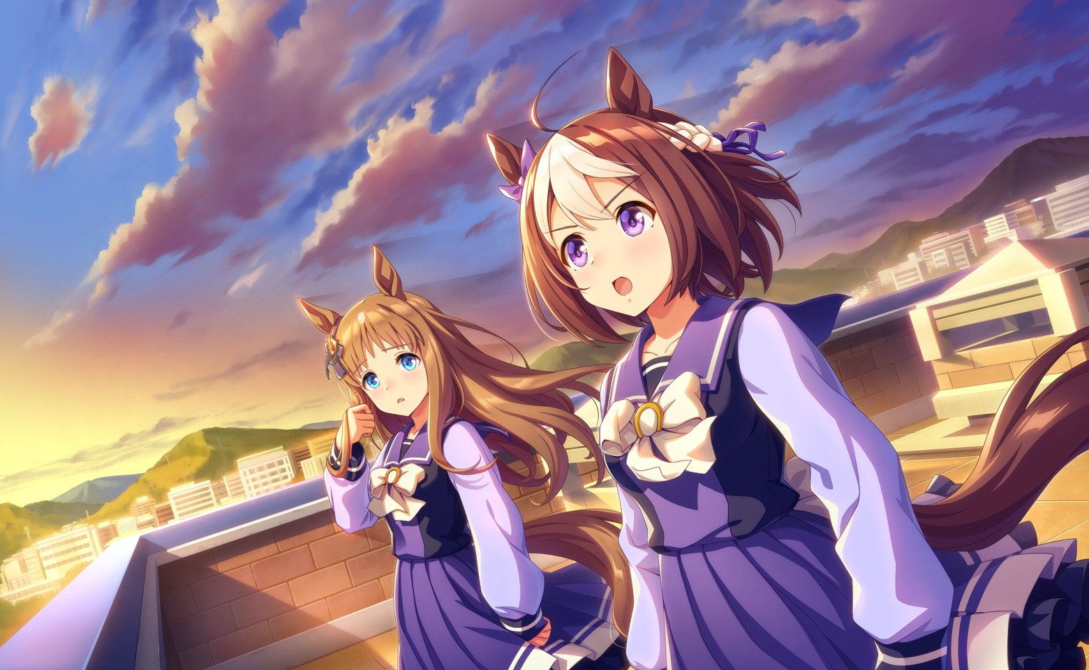 Two horse girls standing on a roof.