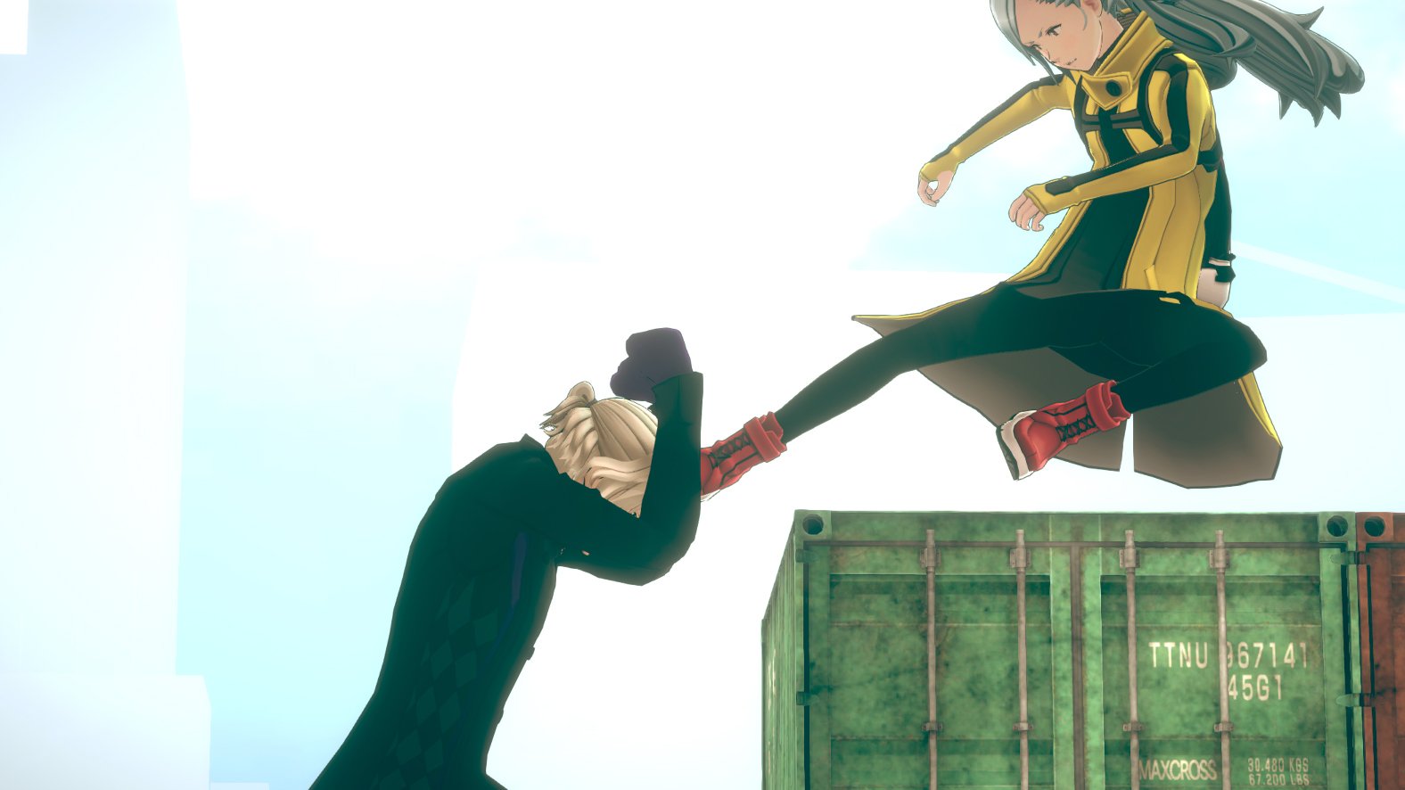 A character blocks another one's kick.