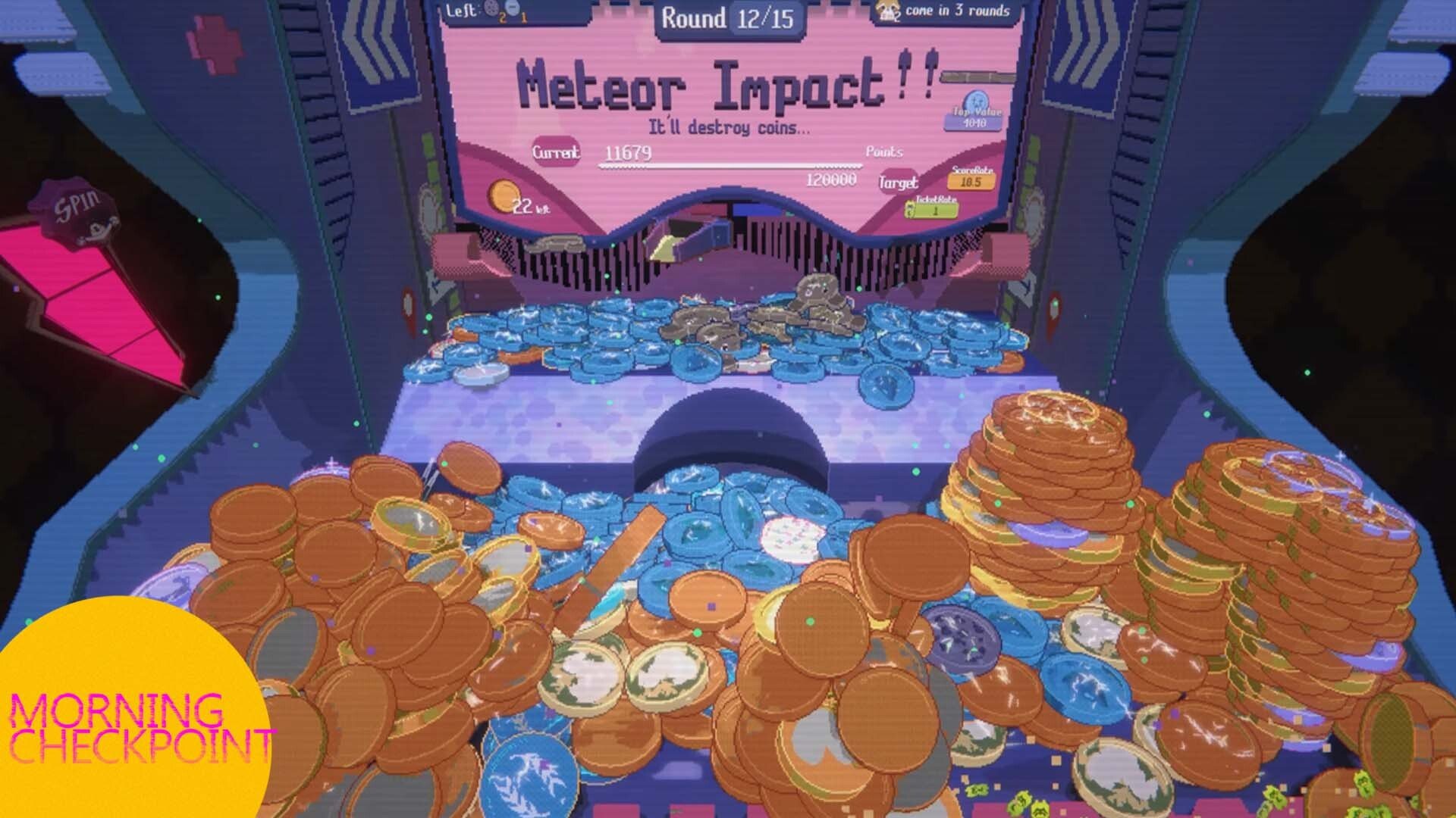 Coins are shown in front of a cartoon arcade cabinet.