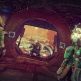 Player characters stand at a ship's entrance.