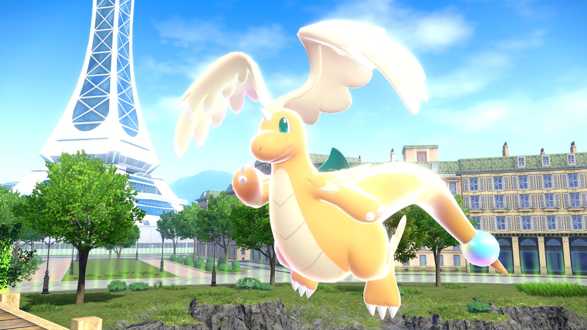 Mega Dragonite flying in Lumiose City.