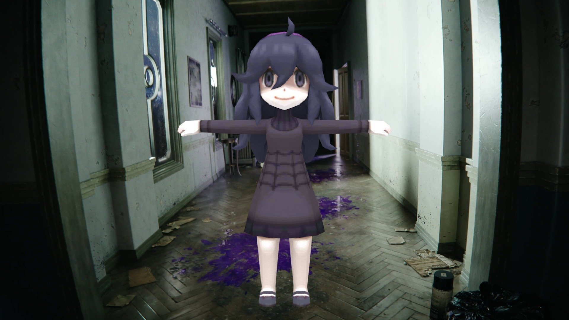 The Ghost Girl model on top of a screenshot from the Victreebel trailer of a gross hallway.