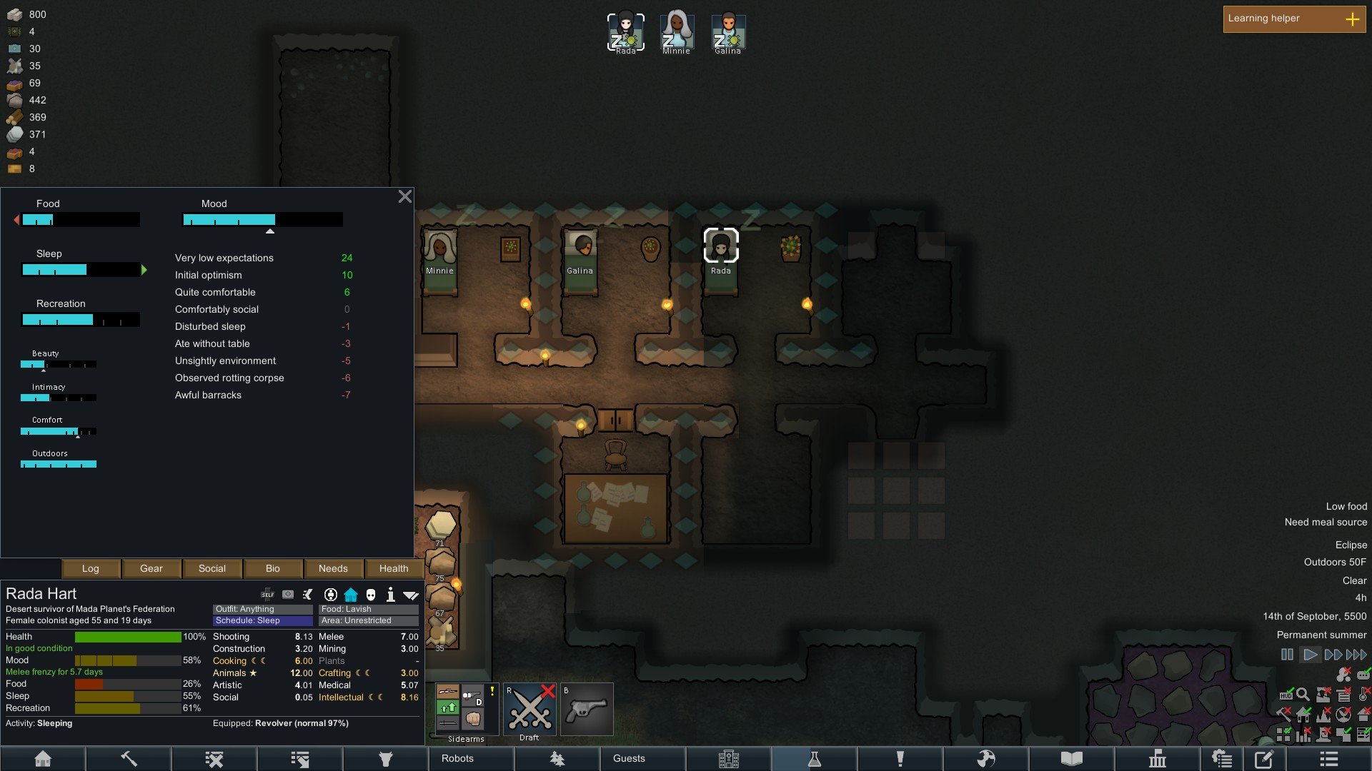 A look at the mood screen and color coding in RimWorld.
