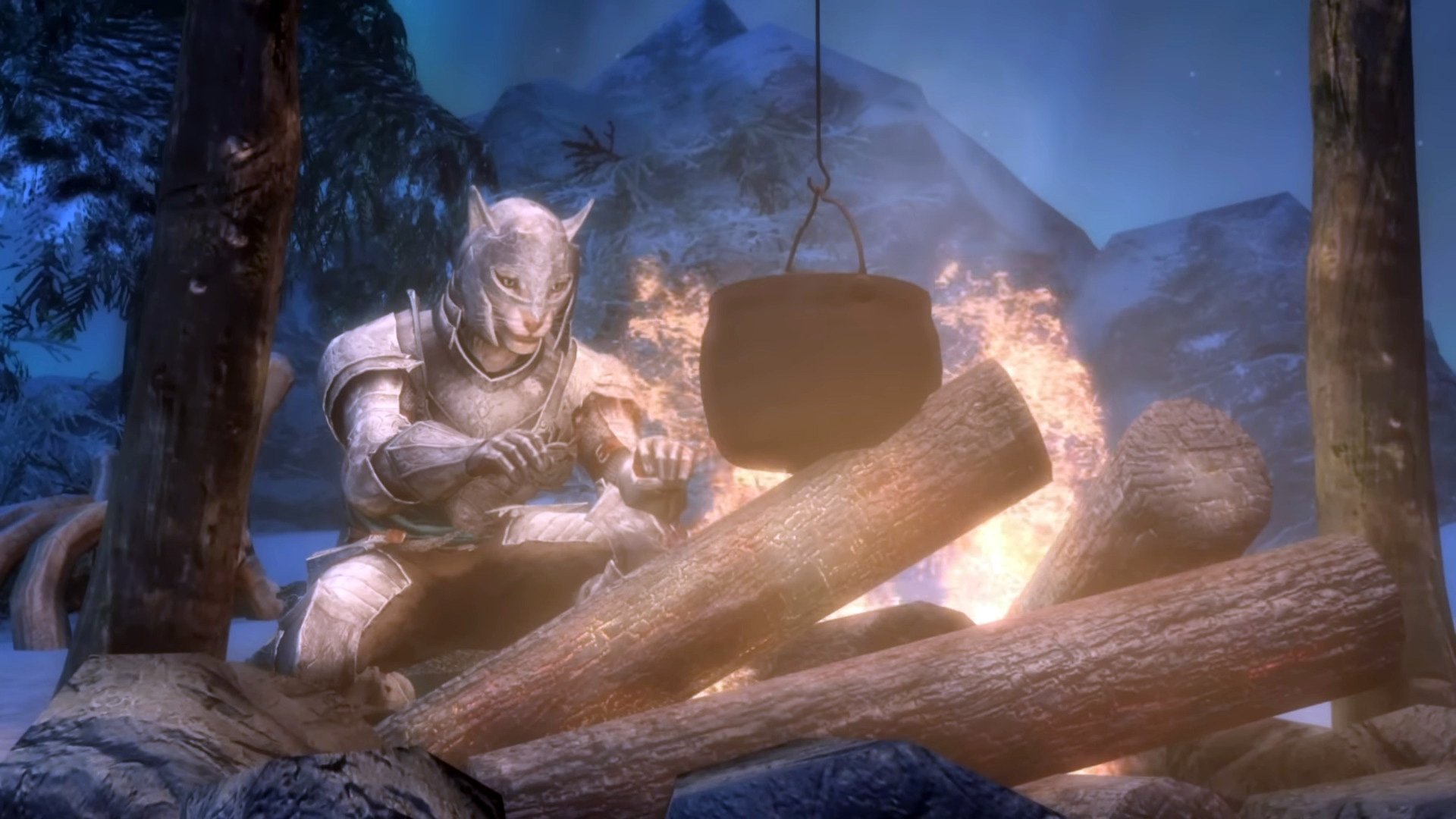 A Khajiit warms themselves by the fire.